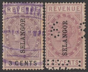 MALAYA - Selangor ca1889 'SELANGOR' on QV Revenue 3c & 25c, seriffed.