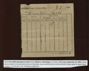 1864 Confederate States Post Office Receipt OKOLONA MISSISSIPPI PT GEWIN PM