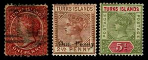 1887-94 Turks Islands #54-55 & 57 QV  Wmk 2 - Used & New - VF - $39.75 (E#3351) 