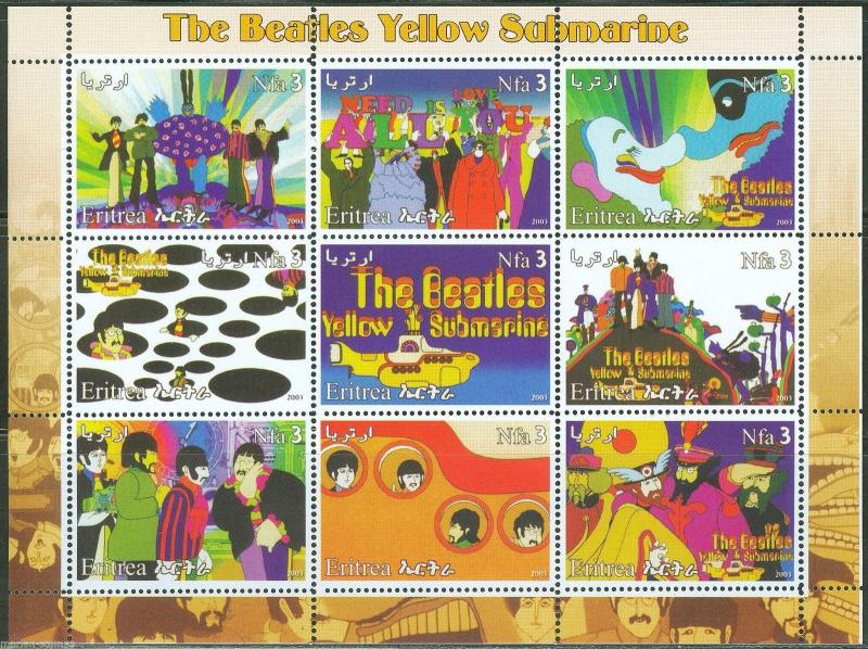 ERITREA THE YELLOW SUBMARINE  BEATLES  II  SHEET OF NIN E   MINT NH