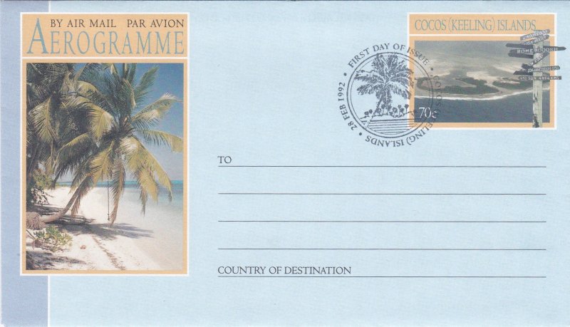 Cocos Islands Three Aerogrammes, Unused, First Day Cancels