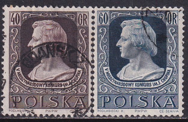 Poland 1955 Sc 666-7 Frederic Chopin Music Competition Stamp Used