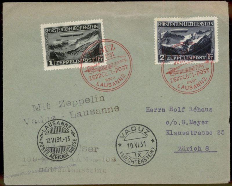 Liechtenstein 1931 Graf Zeppelin Stamp Set Flown Cover Si110C Vaduz Lausan 90732