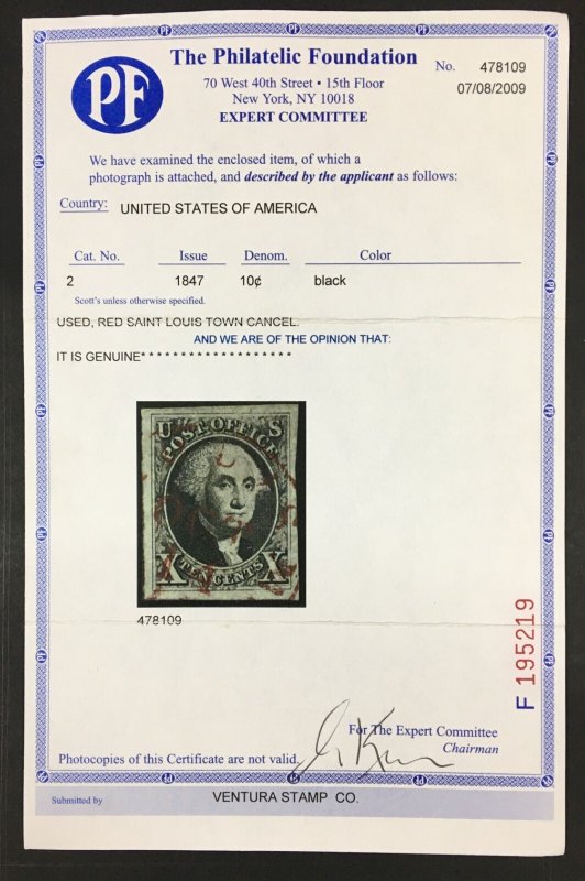 momen: US Stamps #2 Used ST LOUIS RED C.D.S. SUPERB GEM PSE & PF CERT LOT #87593