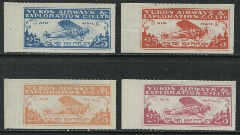 Canada Yukon Airways 25 cents Airmails 4 different colored PROOFS mint NH