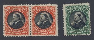 3x Canada 1868 Revenue Bill stamps; Pair of FB53-$2.00 FB54-$3.00 GV = $107.50