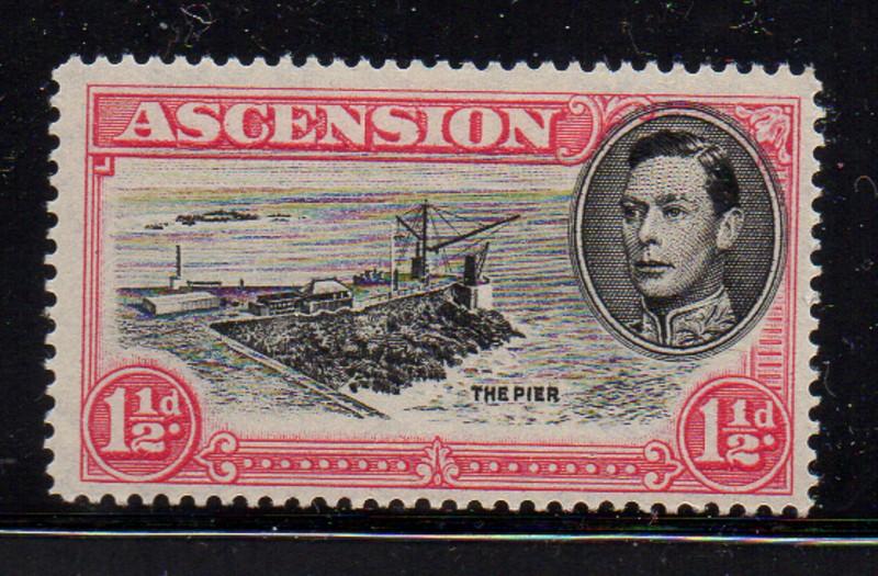 Ascension Sc 42a 1949 1 1/2d G VI & Pier perf 14 stamp mint