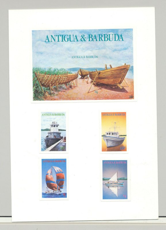 Antigua #929-933 Boats, Fishing Boat, Sailboat 4v & 1v S/S Imperf Proofs on Card