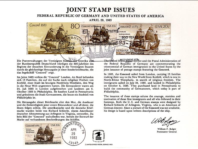 US SC82 Germany Joint Issue Souvenir Card Cancel