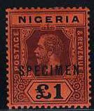 Nigeria #12s (SG 12s), 1914-27 George V, £1 violet and black, overprinted Sp...