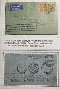 1934 Blantyre Nyasaland First Flight Airmail Cover FFC To Cape Town South Africa