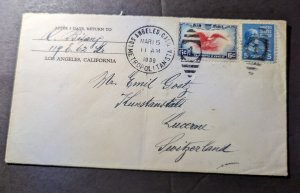 1939 USA Airmail Cover Los Angeles CA to Lucerne Switzerland