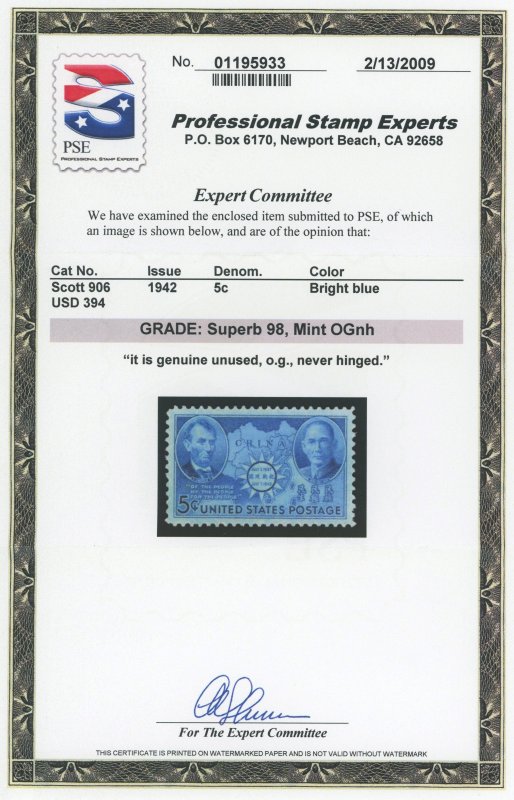 USA 906 - 5 cent Chinese Resistance - PSE Graded Cert: Superb 98 Mint OGnh