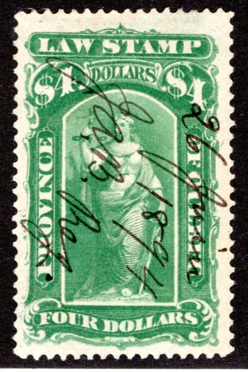 van Dam QL49, $4 green, Used, Quebec Law Revenue Stamp, 1893-1906