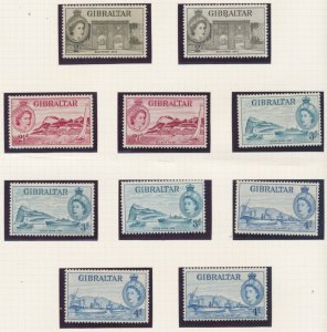 Gibraltar 1953 QEII Definitives part set 13 MUH, 2 MLH Colour variations.