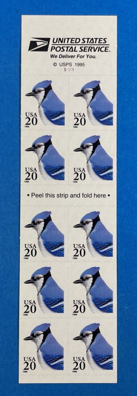 Scott 3048a BLUEJAY Booklet Pane of 10 US 20¢ Stamps MNH 1996