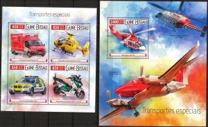 Guinea Bissau 2015 Special Transport Helicopters Police Fire Trucks sh + S/S MNH