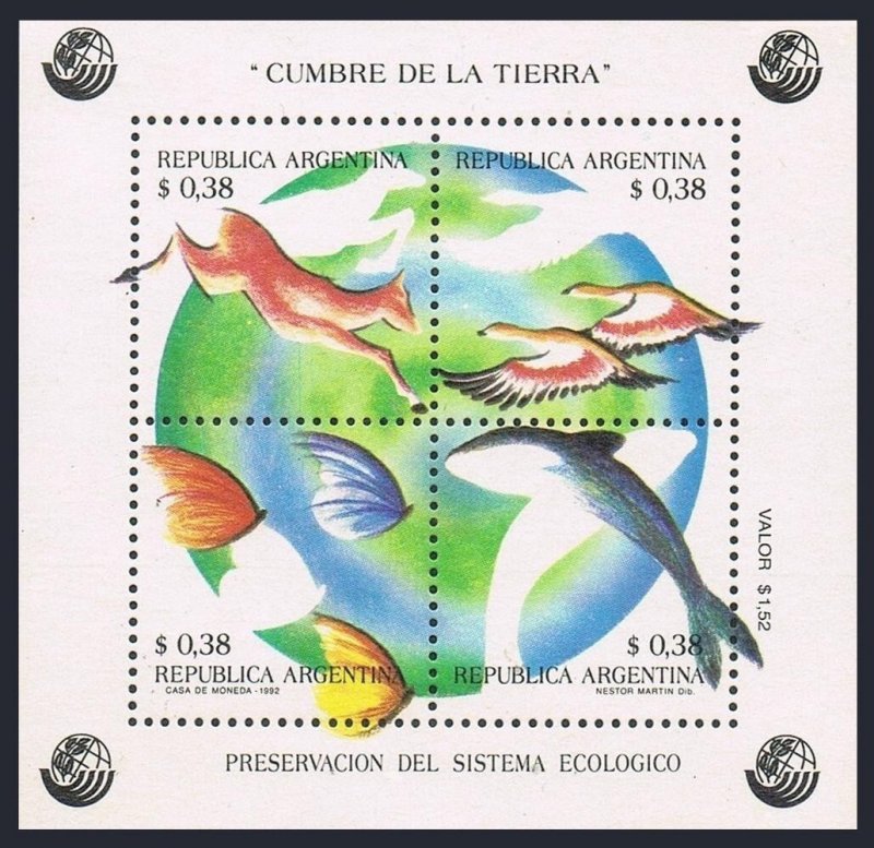 Argentina 1770 sheet,MNH.Michel Bl.51. Deer,Geese,Butterflies,Whale,1992.