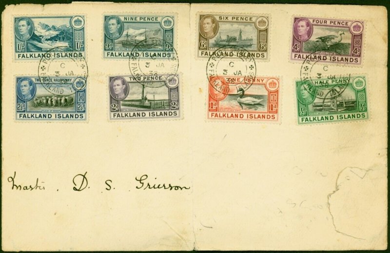 Falkland Is 1938 Set of 8 to 1s SG146-158 on 1st Day Cover 'Port Stanley C 3 ...