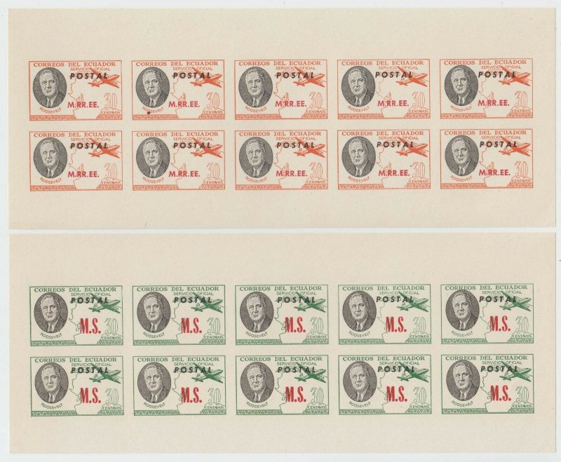 ECUADOR 1949 ROOSEVELT ORDNRY & AIR OFFICIAL Brt O240-O257 SET 18 IMPERF SHEETS 