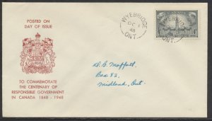1948 #277 Responsible Gov't FDC Red Coat of Arms Cachet Unusual Wyebridge ONT