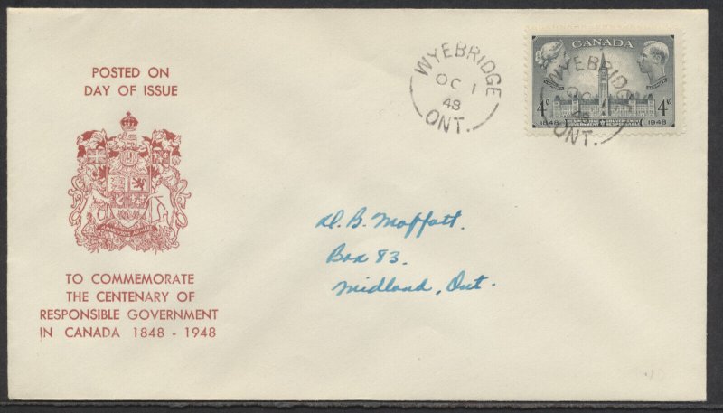 1948 #277 Responsible Gov't FDC Red Coat of Arms Cachet Unusual Wyebridge ONT
