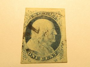 US Stamps,Scott # 9 used,Recut twice at bottom-11 on Plate, Certif. Type IV 1851