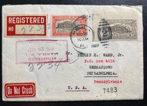 1927 Manila Philippines Registered Red Wax Seal Cover To Philadelphia PA USA