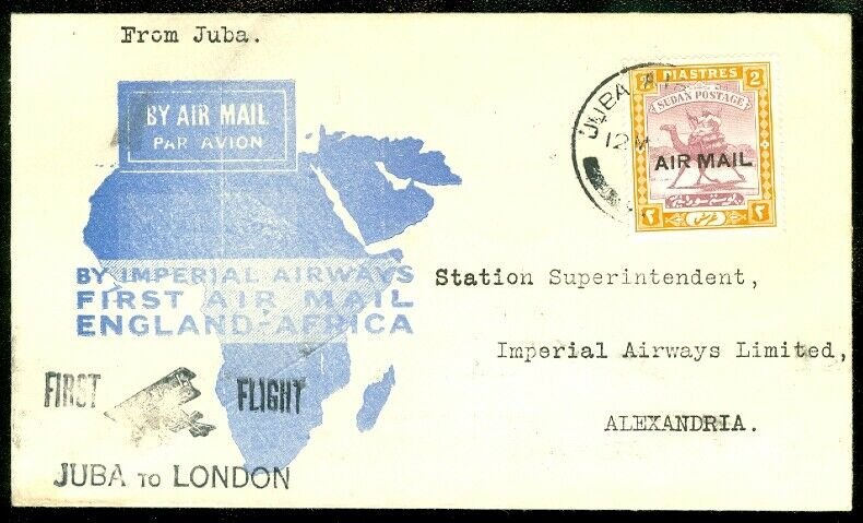 EDW1949SELL : SUDAN Nice 1931 First Flight cover to Egypt sent from London.