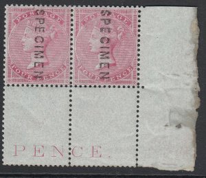 SG 63 4d carmine overprinted specimen, lower right hand corner pair. Pristine