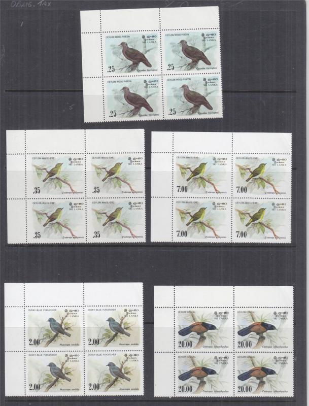 SRI LANKA, 1983 Birds set of 5 in corner blocks of 4, mnh.