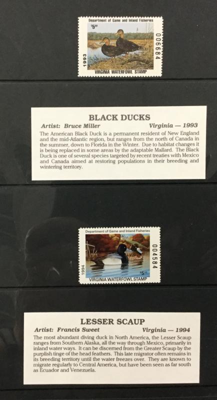 (BJ Stamps) VIRGINIA STATE DUCK STAMP collection (6). 1993-1998. VF, MNH.