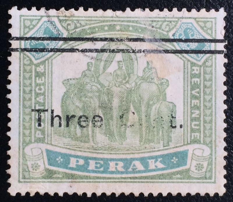 Malaya Perak 3c opt $1 Elephants 1910 Used SG#86 partial print M2232