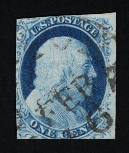 EXCELLENT SCOTT #9 F-VF POSTALLY USED 1852 BLUE TYPE-IV RELIEF-A APS CERT #20243