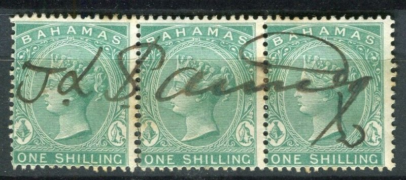 BAHAMAS; 1865- classic QV Crown CC Revenue used Shade of 1s. STRIP