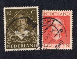 Netherlands 1948-49 10c & 1g Juliana, Scott 304, 319 used, value = 50c