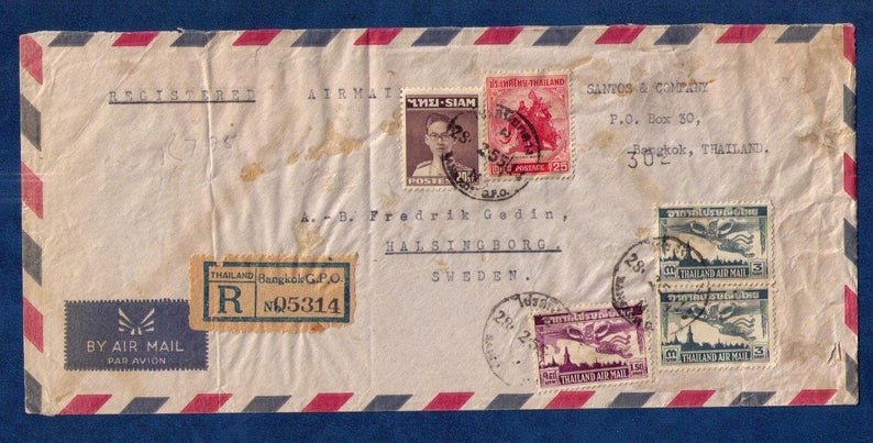 Thailand Sc C22 Pair (1955) Thailand To Sweden Multi-Stamped Air Postal Cover