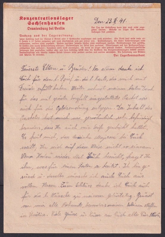 Germany 1941 Saschenhausen Concentration Camp Letter sheet