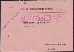 FRANCE 1991 official P.O. cover registered Paris to VANUATU................B2708
