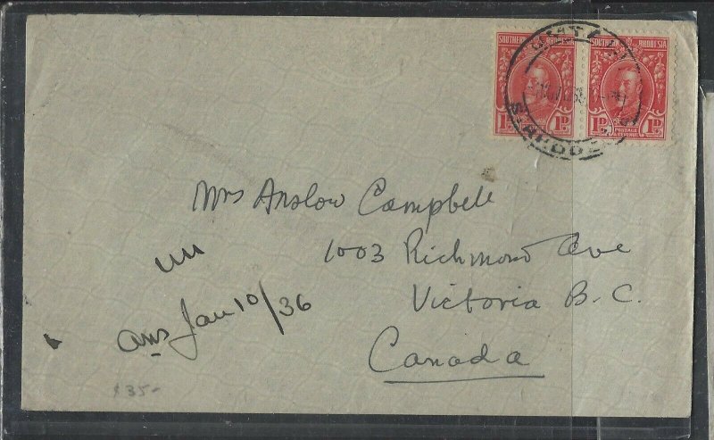 SOUTHERN RHODESIA COVER (P0405B) 1936 KGV 1D PR COVER UMTALI TO CANADA