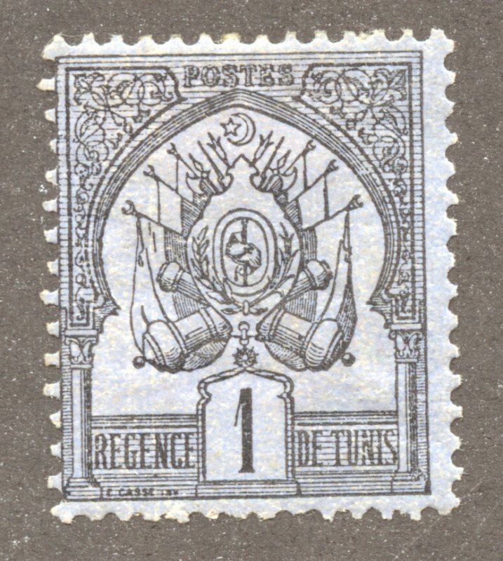 Tunisia Scott 1 Unused HHRDG-1888 1c Black on Blue Paper Coat of Arms-SCV $5.50