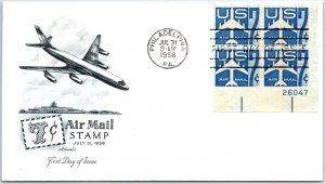 US FIRST DAY COVER PLATE BLOCK OF (4) 7c AIRMAIL JETS ON ARTMASTER CACHET 1958