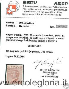 02046   ITALIA REGNO: CEI PS104 : PROVA DI STAMPA - CERTIFICATO