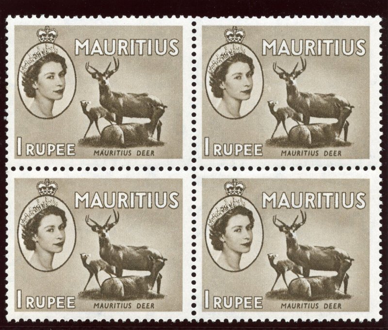 Mauritius 1957 QEII 1r deep grey-brown block of four superb MNH. SG 303a.