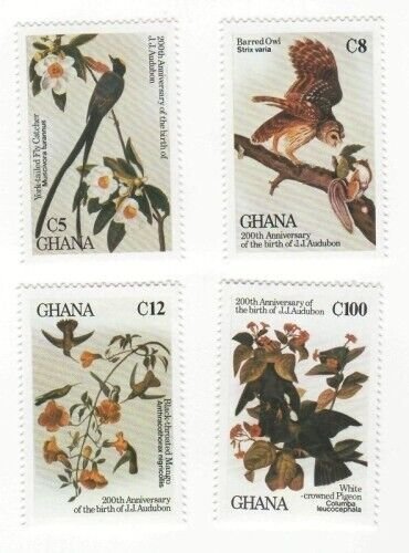 Ghana 1985 - Audobon, Birds, Art - Set of 4 Stamps - Scott #980-3 - MNH