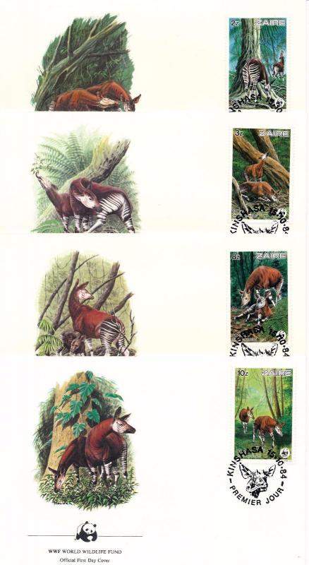 [54177] Zaire Congo 1984 Wild animals Mammals WWF Okapi FDC 4 covers