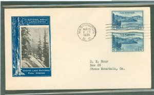 US 761 1935 6c Crater Lake (part of the National Park Series) pair of Farley reissued imperf stamps/on an addressed (typed) firs