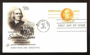 FIRST DAY COVER #UY23 Samuel Adams 8c POST & REPLY CARD ARTCRAFT FDC U/A 1973