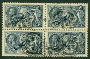 SG 452 10/- indigo. Fine used block of 4 cancelled with London CDS's CAT £320