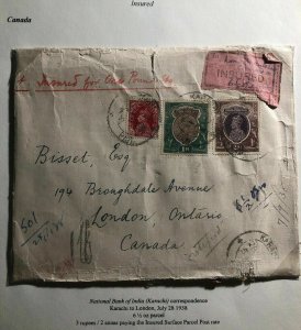 1938 Karachi India national Bank Oversized  Cover To London Canada Wax Seal